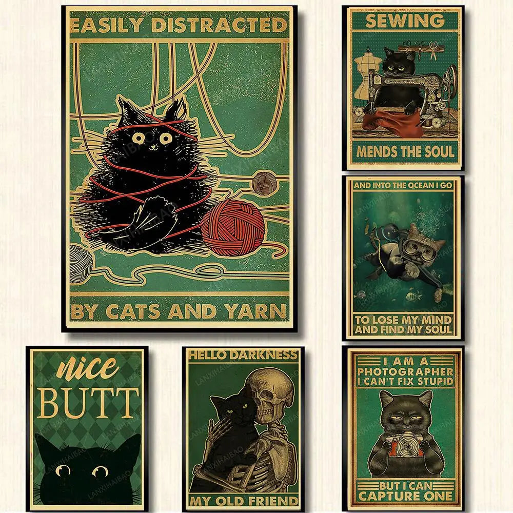 🐈‍⬛ Póster Retro en Papel Kraft - Gato Negro Misterioso