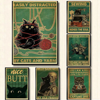 🐈‍⬛ Póster Retro en Papel Kraft - Gato Negro Misterioso