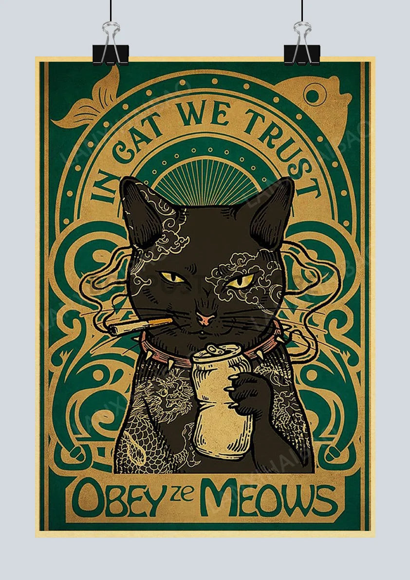 🐈‍⬛ Póster Retro en Papel Kraft - Gato Negro Misterioso