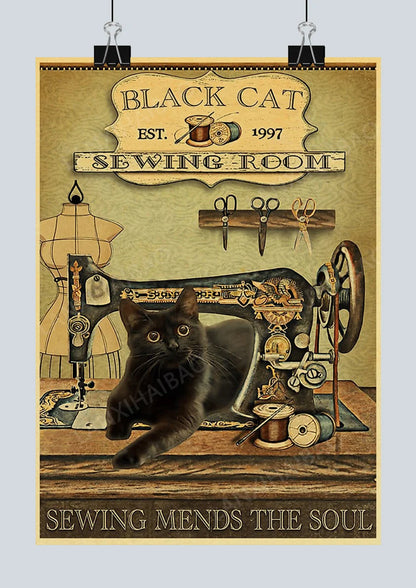 🐈‍⬛ Póster Retro en Papel Kraft - Gato Negro Misterioso