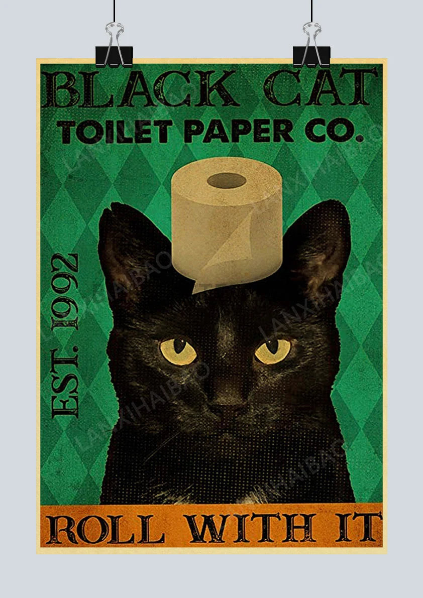 🐈‍⬛ Póster Retro en Papel Kraft - Gato Negro Misterioso
