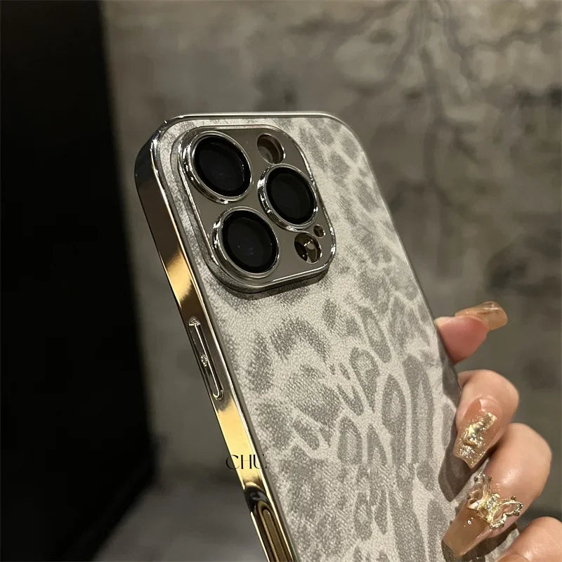 Funda de Cuero con Textura de Leopardo Chapada de Lujo para iPhone
