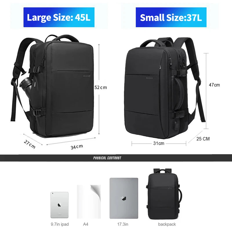 Mochila de viaje BANGE, mochila de negocios para hombres, mochila escolar expandible con USB, mochila de moda impermeable para ordenador portátil de gran capacidad 17,3