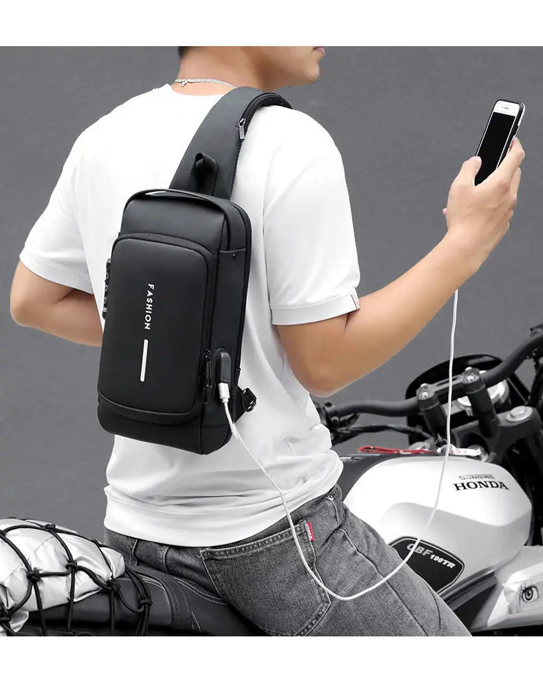 Bolso de pecho antirrobo para hombre, bolso cruzado con carga USB.