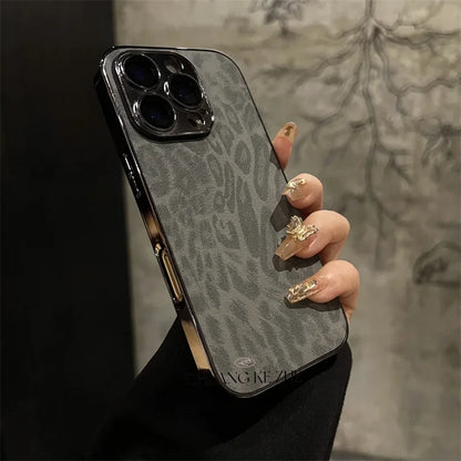 Funda de Cuero con Textura de Leopardo Chapada de Lujo para iPhone