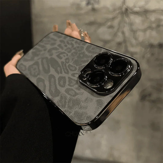 Funda de Cuero con Textura de Leopardo Chapada de Lujo para iPhone