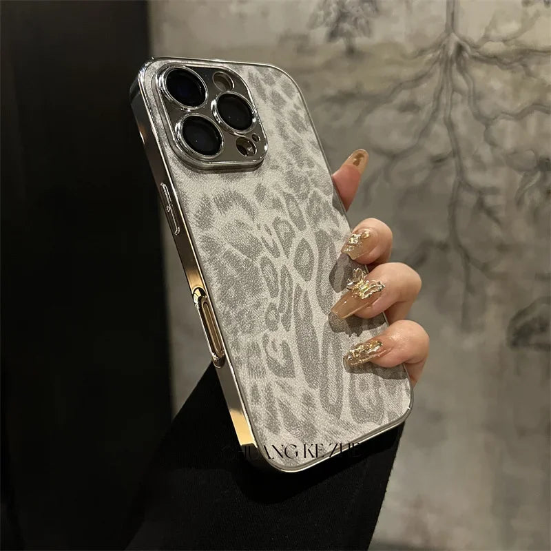 Funda de Cuero con Textura de Leopardo Chapada de Lujo para iPhone
