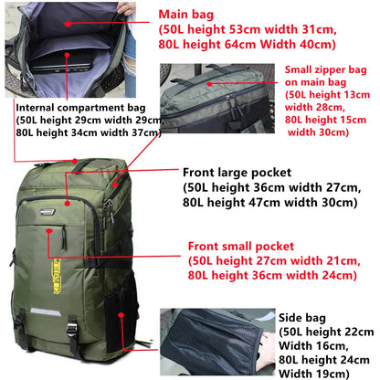 Mochila para exteriores de 80L y 50L unisex, mochila de viaje para escalar, mochila deportiva para acampar, senderismo.