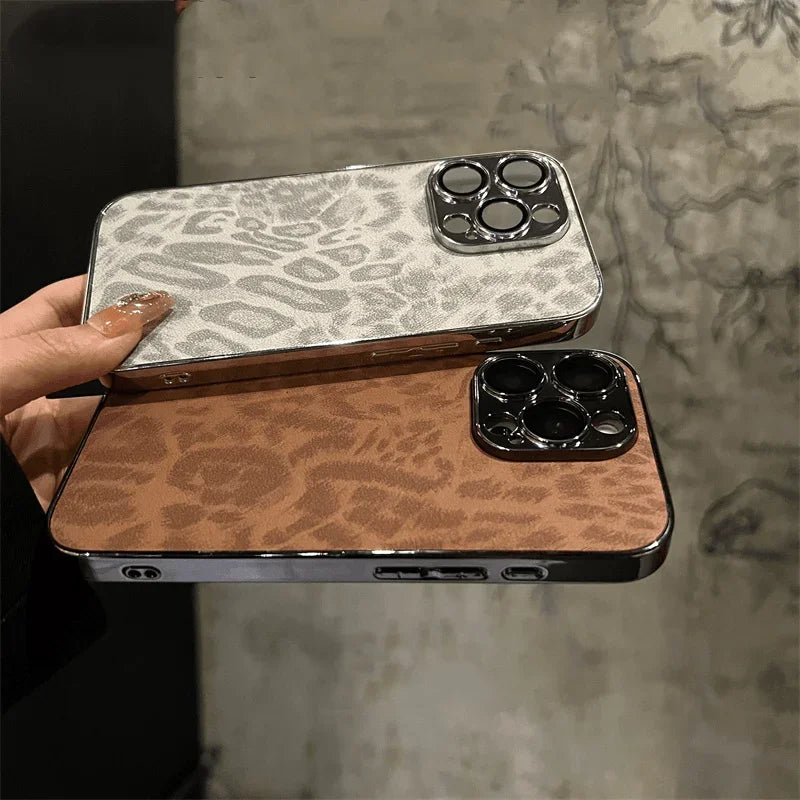 Funda de Cuero con Textura de Leopardo Chapada de Lujo para iPhone